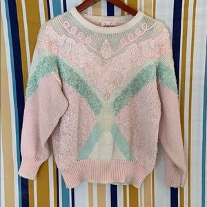 True Vintage Funky Pink Teal Sequin Bead Sweater